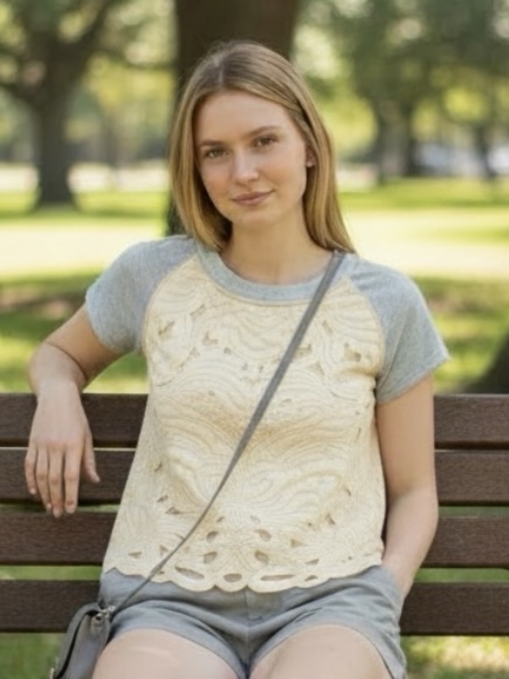 Anthropologie Saturday Sunday Peachy Cream and Gray Lace Overlay Top Size Small